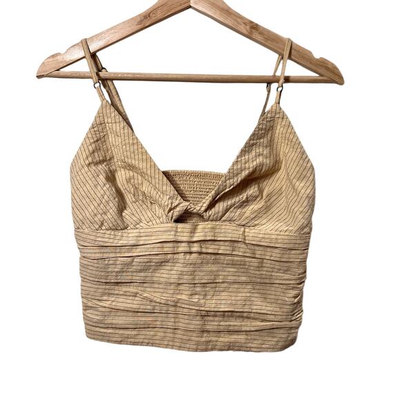 Zara Pinstripe Crop Top V Neck Keyhole Cutout Ruched Smocked Back Cream Size S - Picture 3 of 11